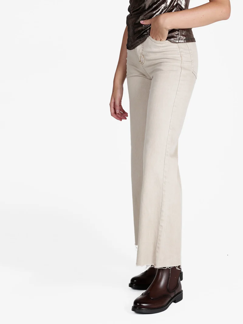 Jeans donna a vita alta e gamba larga - beige