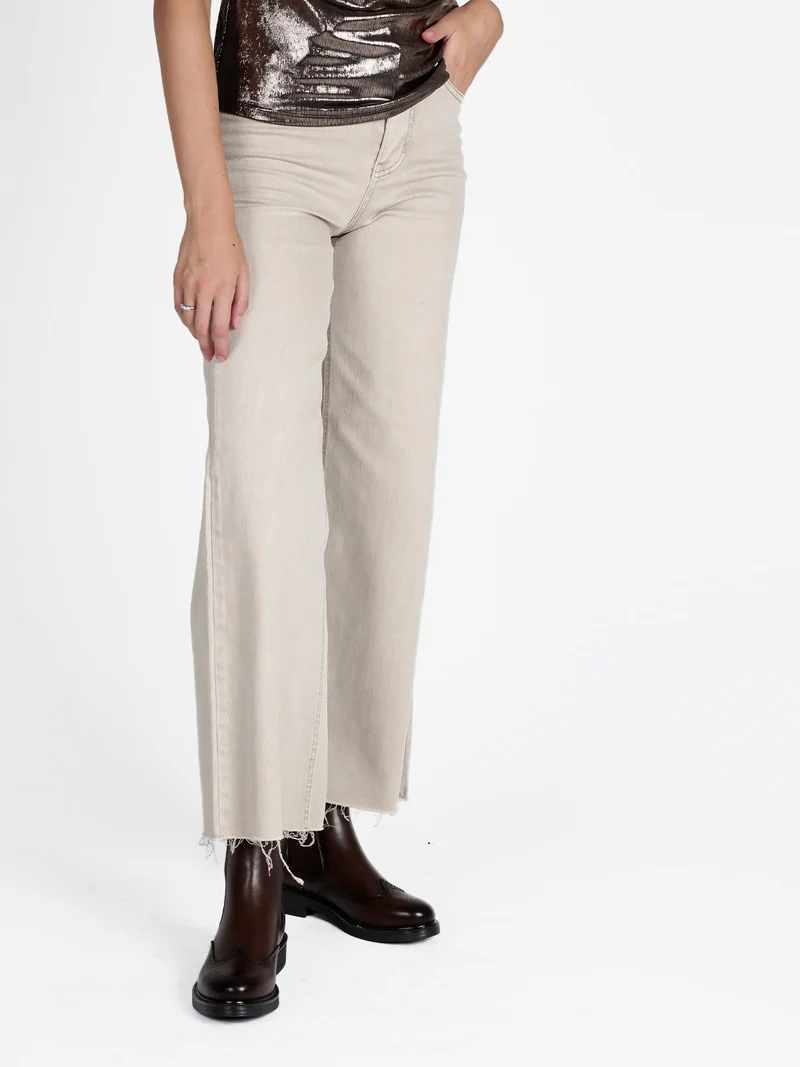 Jeans donna a vita alta e gamba larga - beige