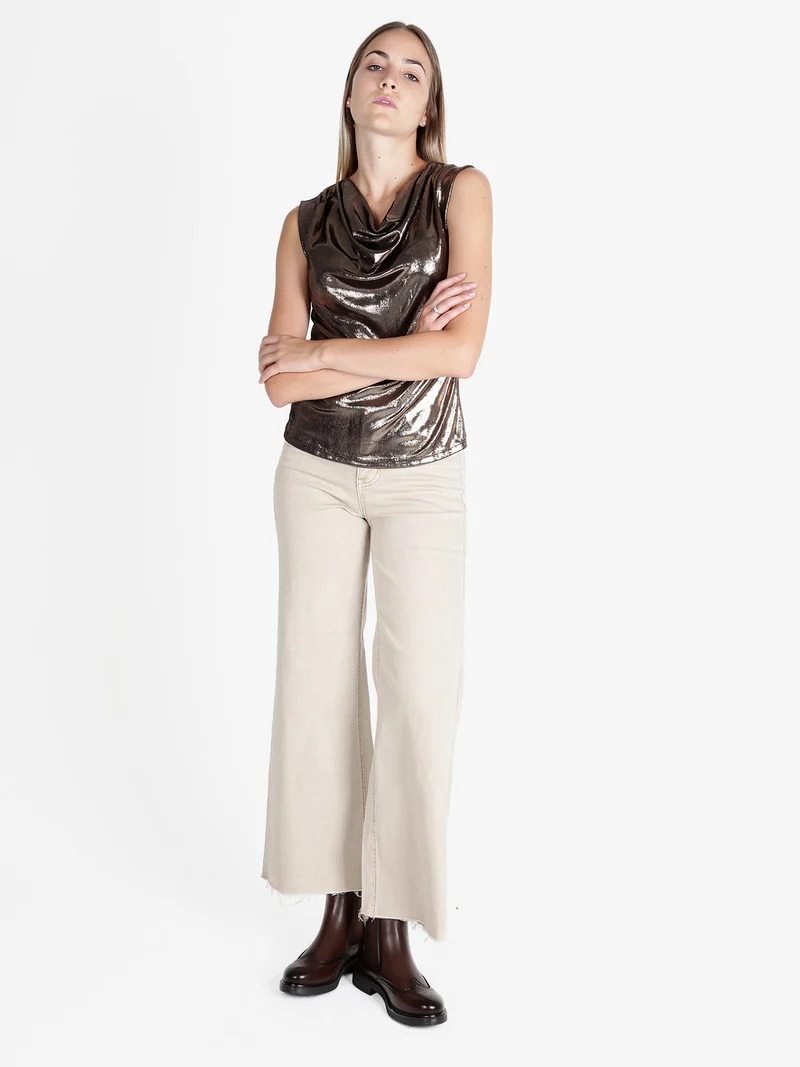 Jeans donna a vita alta e gamba larga - beige