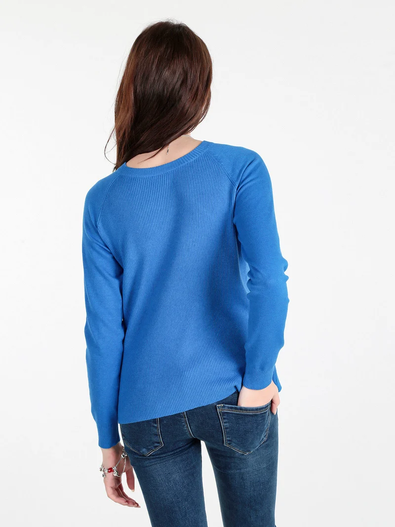 Pullover donna in maglia a costine - blu
