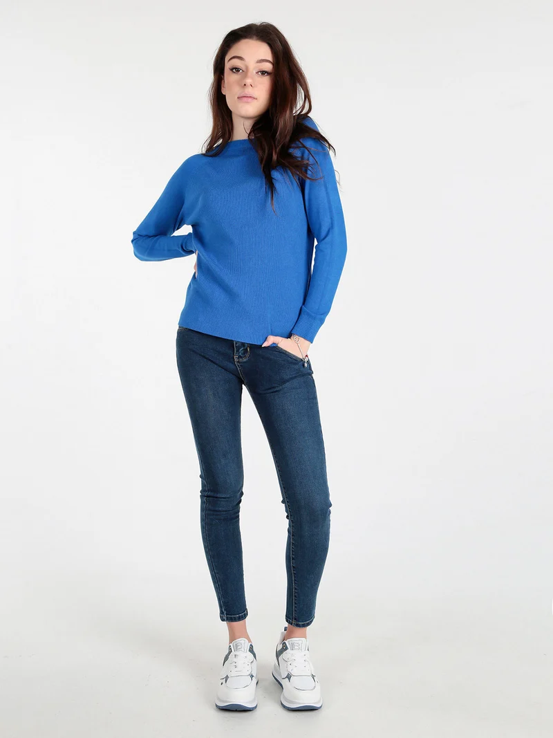 Pullover donna in maglia a costine - blu