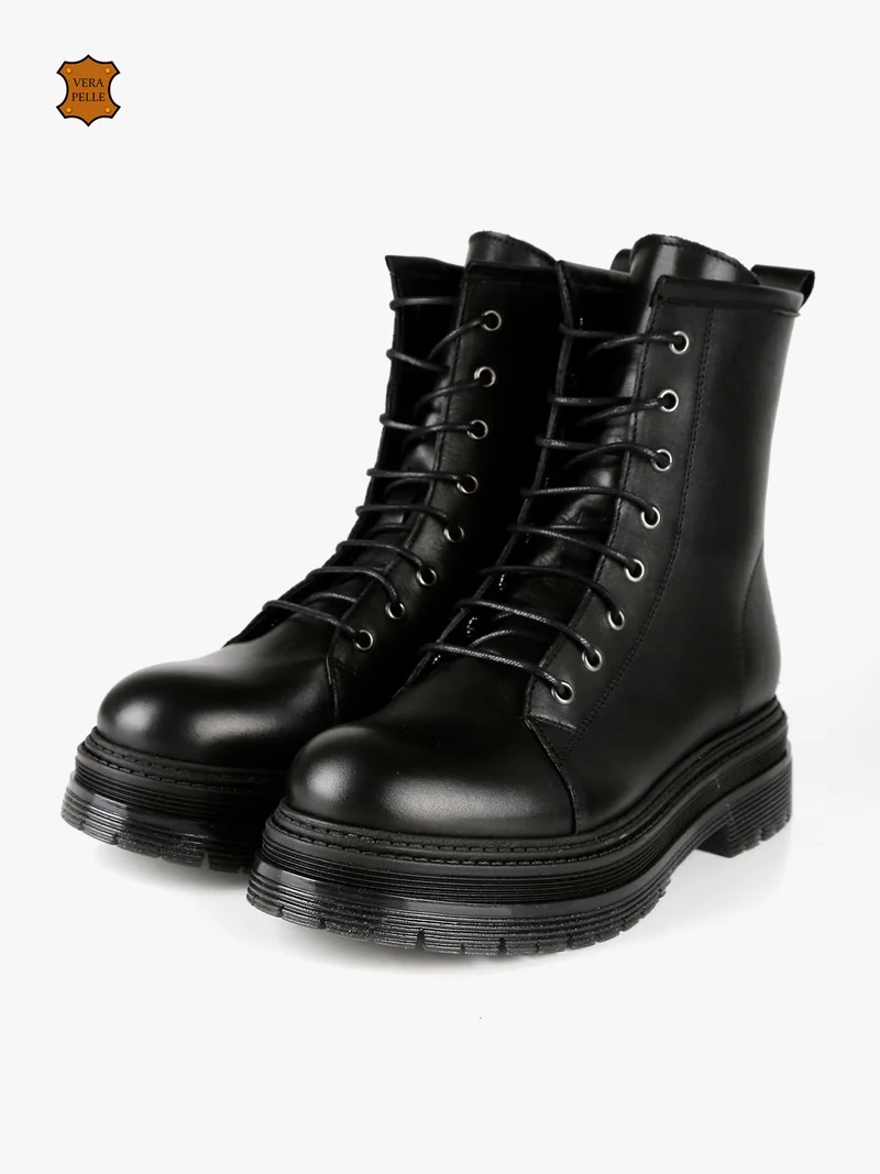 Anfibi in pelle donna con plateau - nero