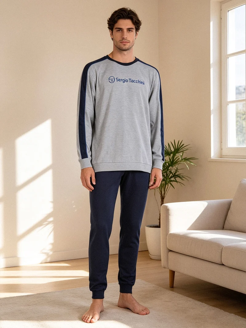 Pigiama girocollo da uomo in cotone interlock - grigio