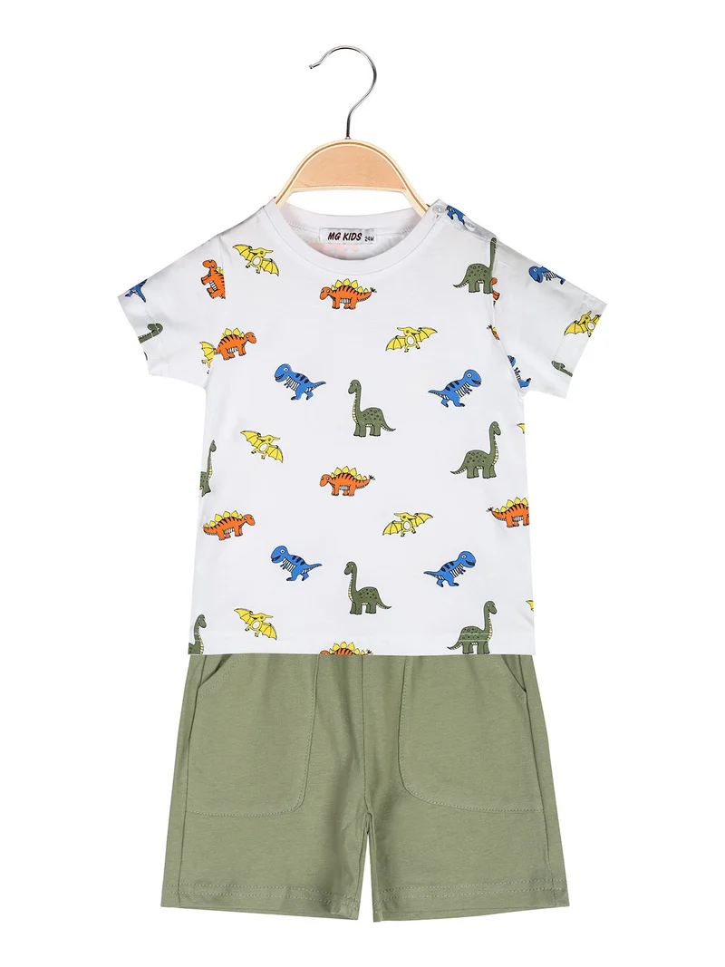Completo corto da neonato con t-shirt dinosauri e bermuda - bianco