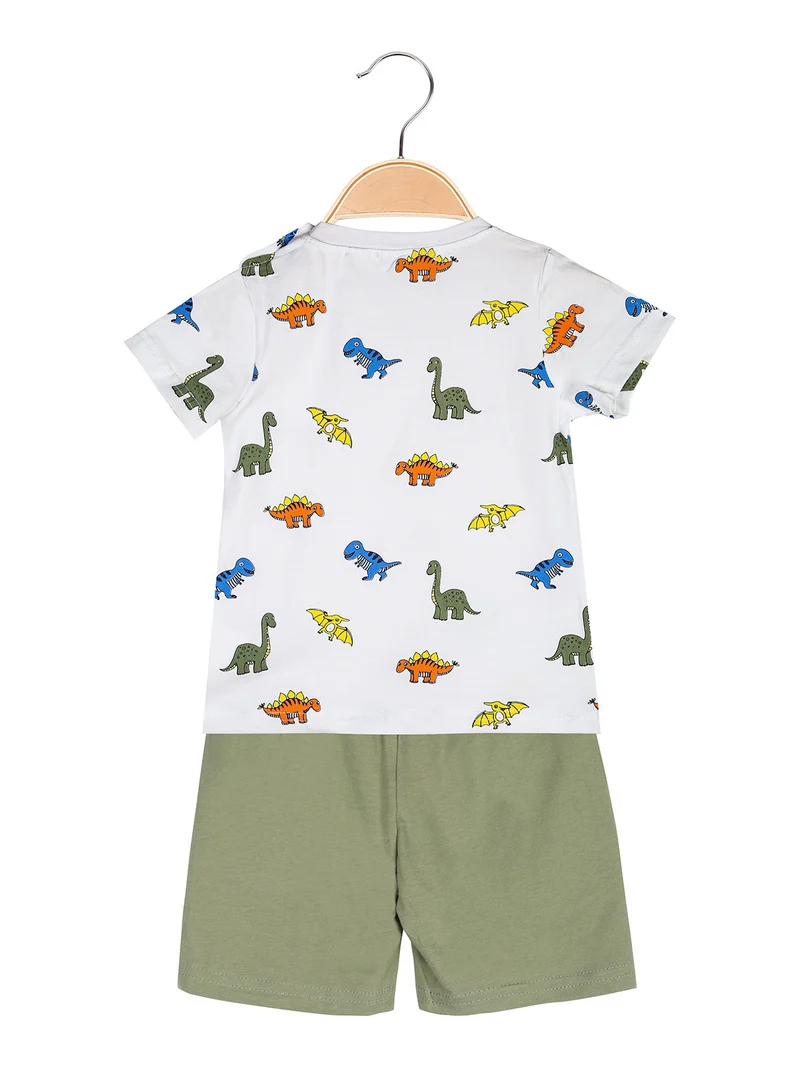 Completo corto da neonato con t-shirt dinosauri e bermuda - bianco
