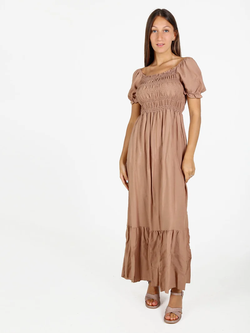 Abito lungo da donna in cotone a maniche corte - khaki