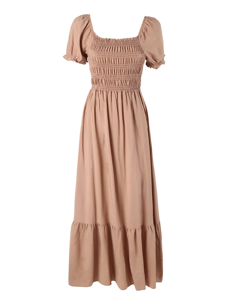 Abito lungo da donna in cotone a maniche corte - khaki