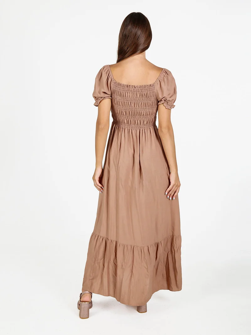 Abito lungo da donna in cotone a maniche corte - khaki