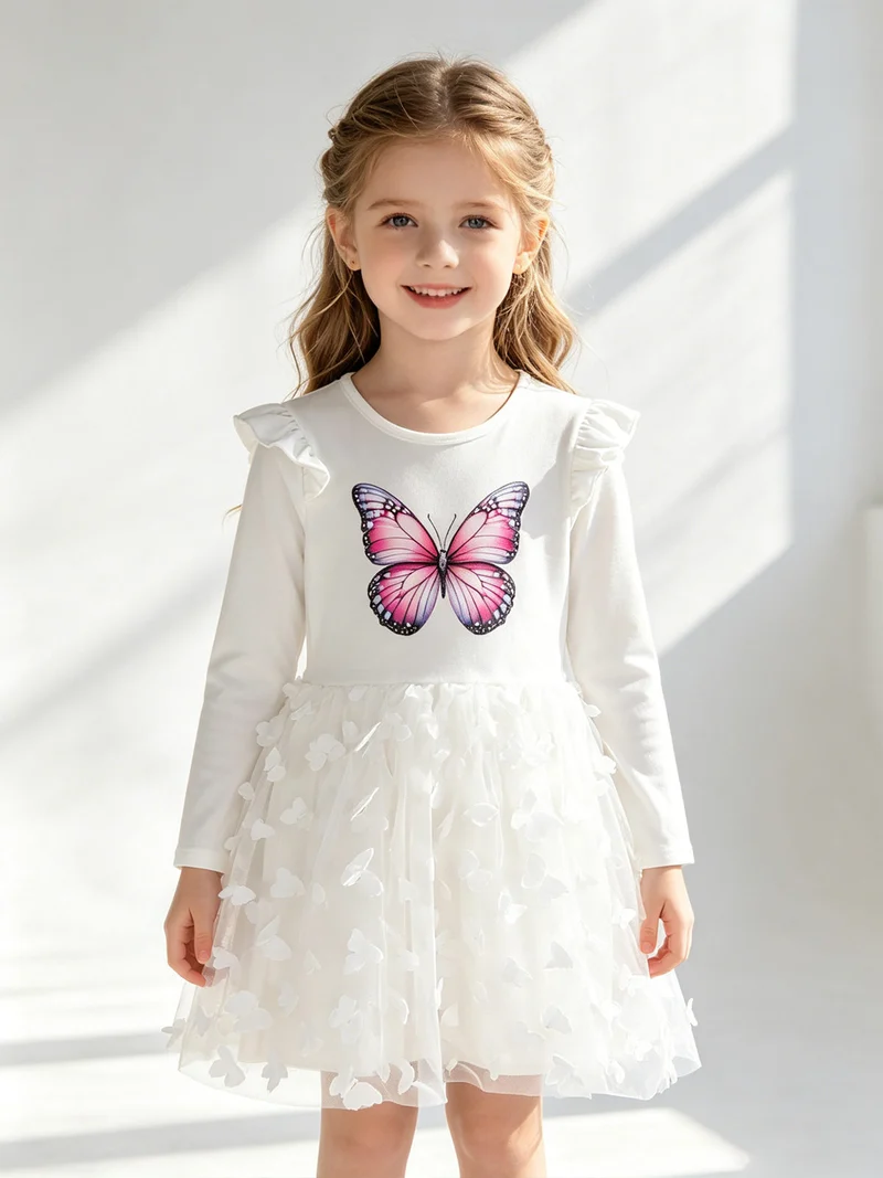 Abito da bambina a maniche lunghe con volant e gonna in tulle - bianco