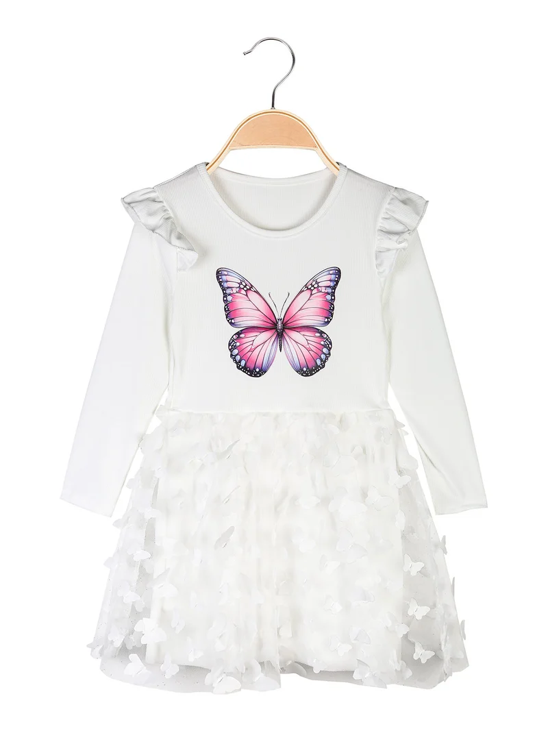 Abito da bambina a maniche lunghe con volant e gonna in tulle - bianco