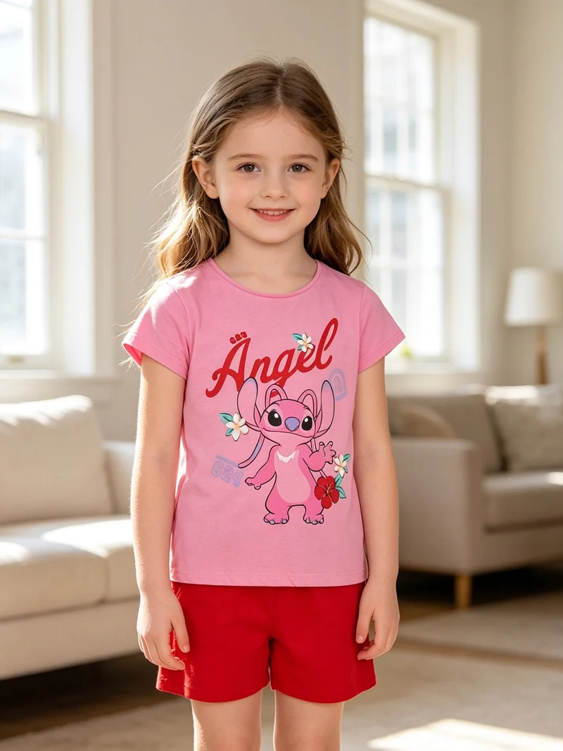 Completo corto da bambina in cotone con t-shirt e shorts con coulisse - rosa