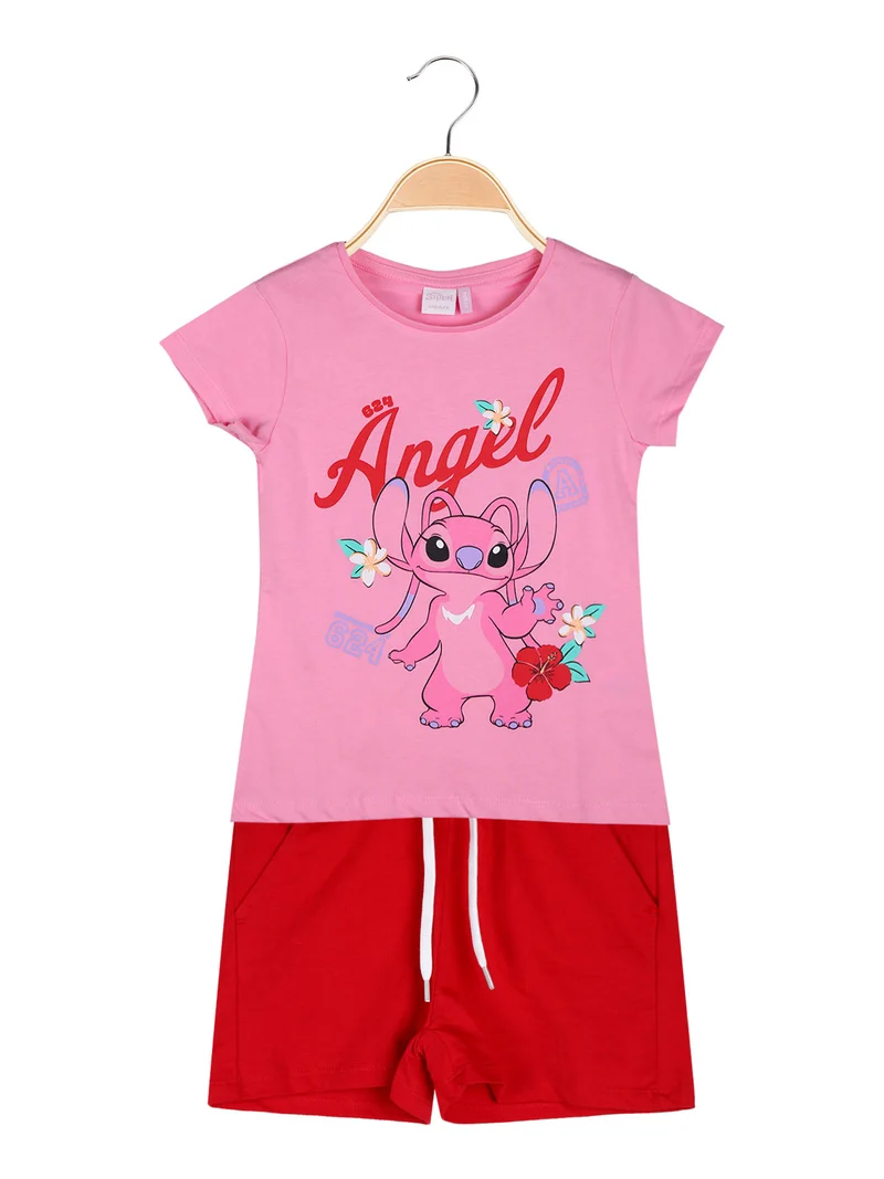 Completo corto da bambina in cotone con t-shirt e shorts con coulisse - rosa