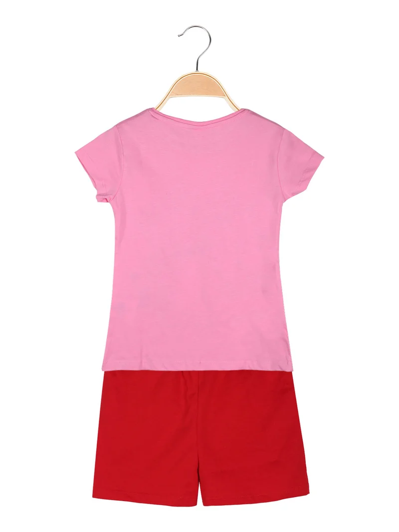 Completo corto da bambina in cotone con t-shirt e shorts con coulisse - rosa