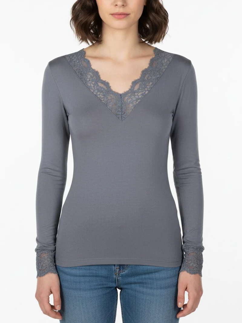P0716M Maglia donna in cashmere con pizzo - grigio