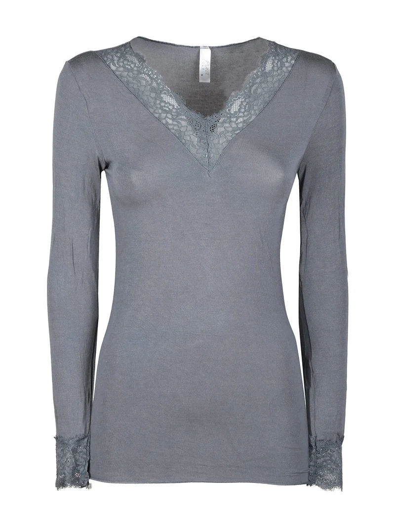 P0716M Maglia donna in cashmere con pizzo - grigio