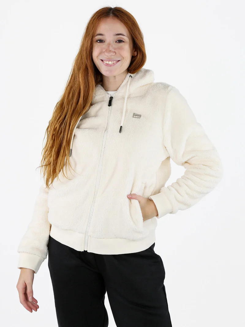 Felpa donna invernale con cappuccio e zip - panna