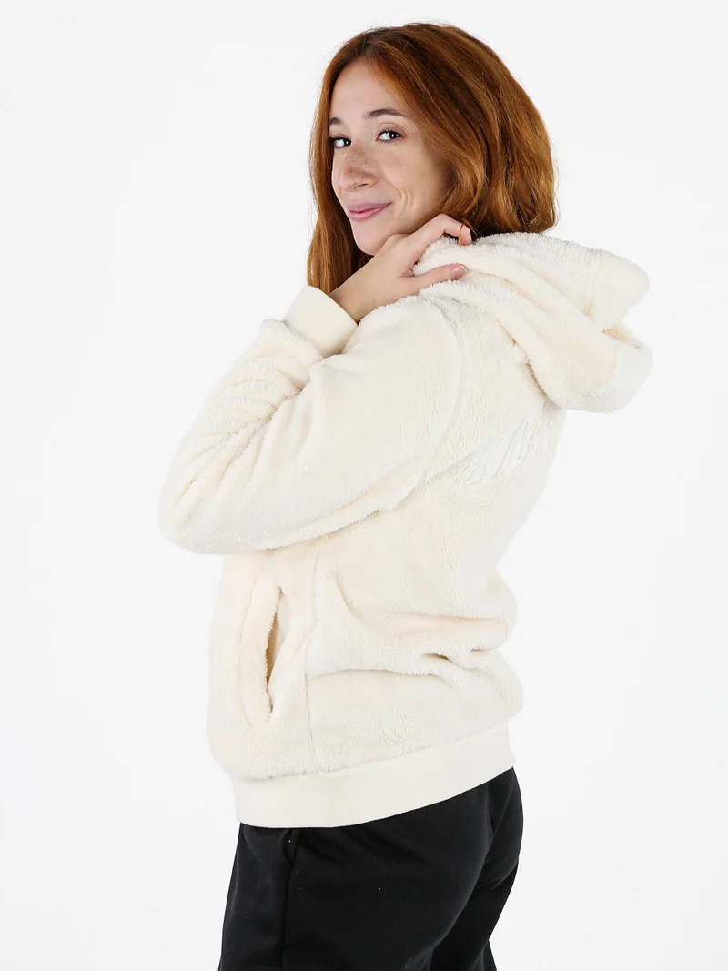 Felpa donna invernale con cappuccio e zip - panna