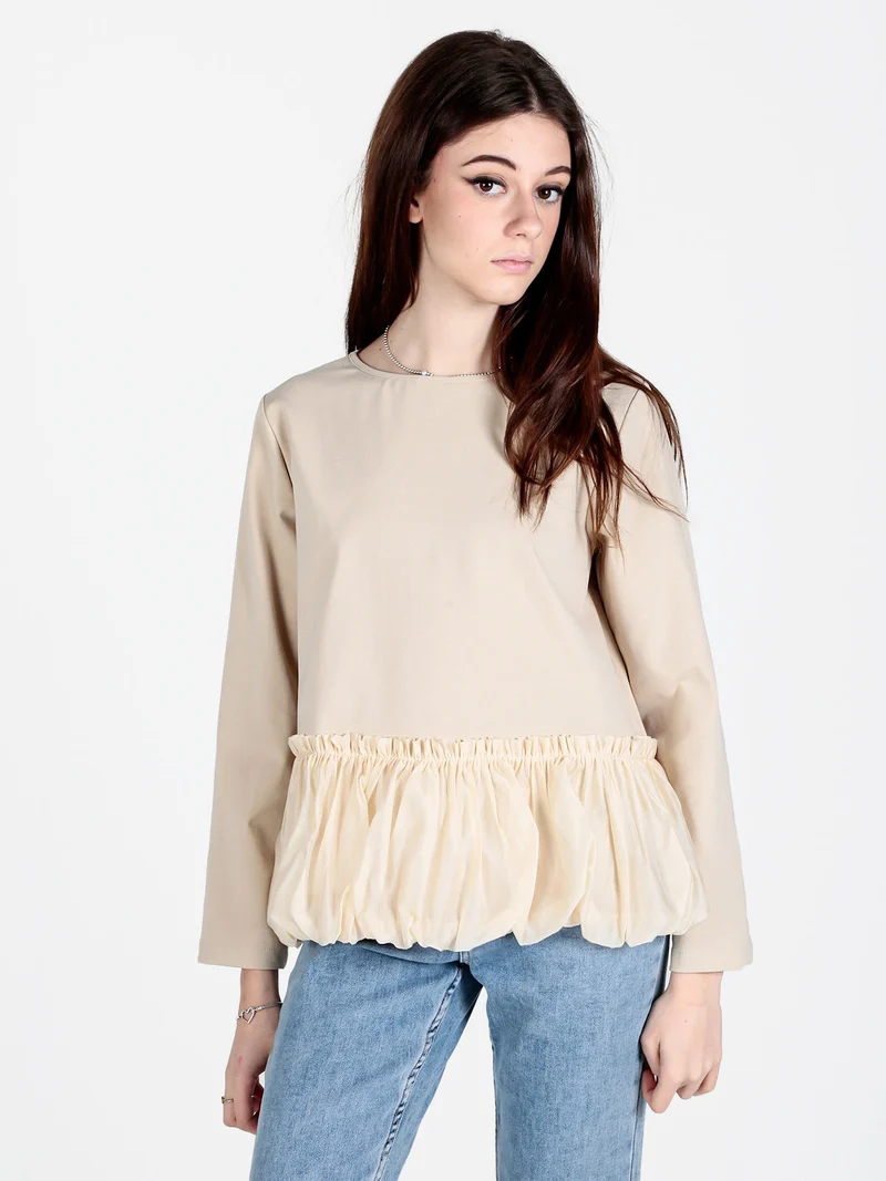 Maglia donna oversize con bordo finale a palloncino - beige