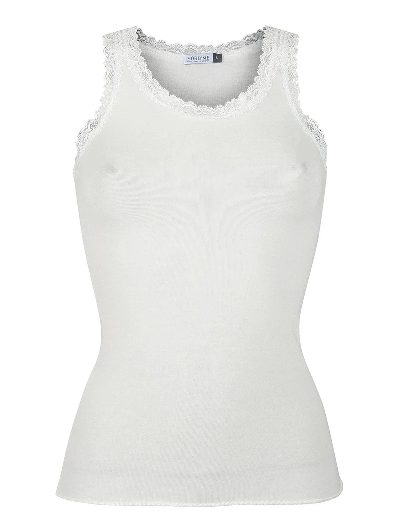 Canotta donna con pizzo in misto cashmere - panna