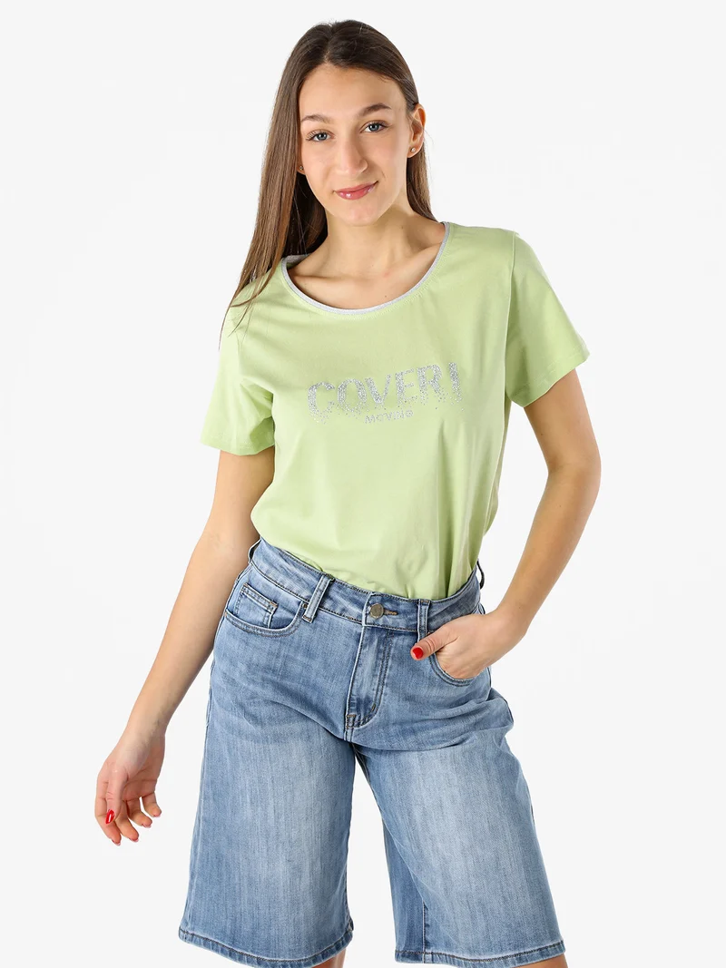 T-shirt donna in cotone con strass - acqua marina