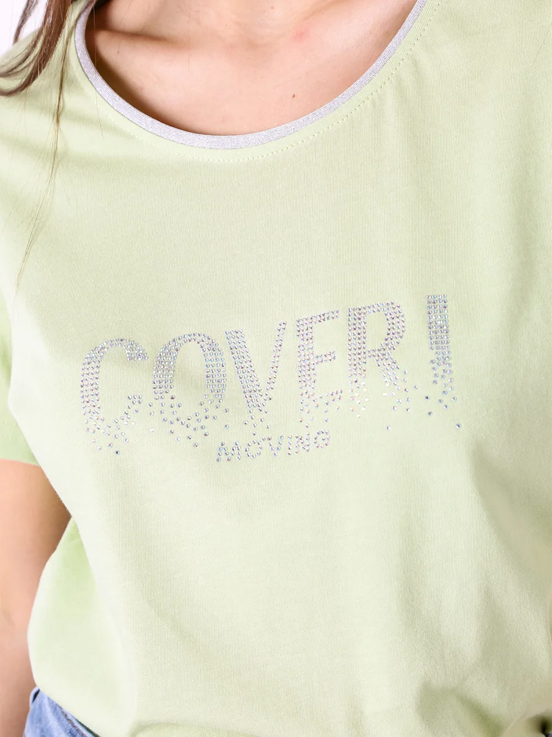 T-shirt donna in cotone con strass - acqua marina
