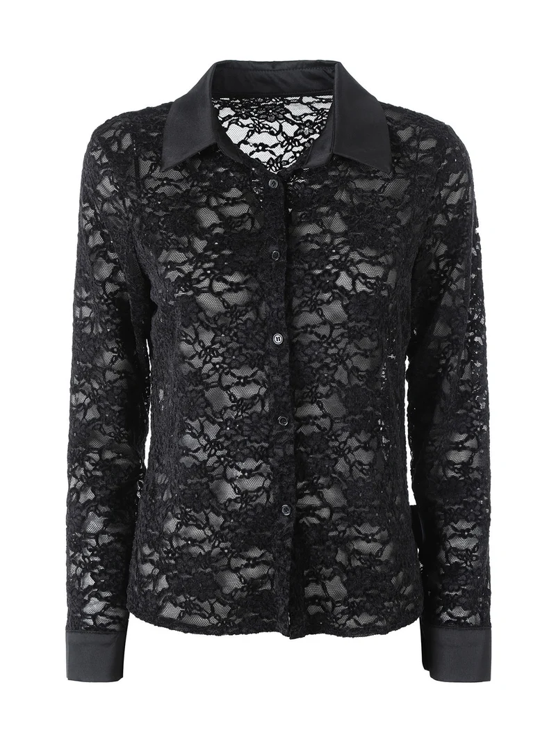 Camicia donna in pizzo con maniche lunghe e dettagli effetto raso - nero