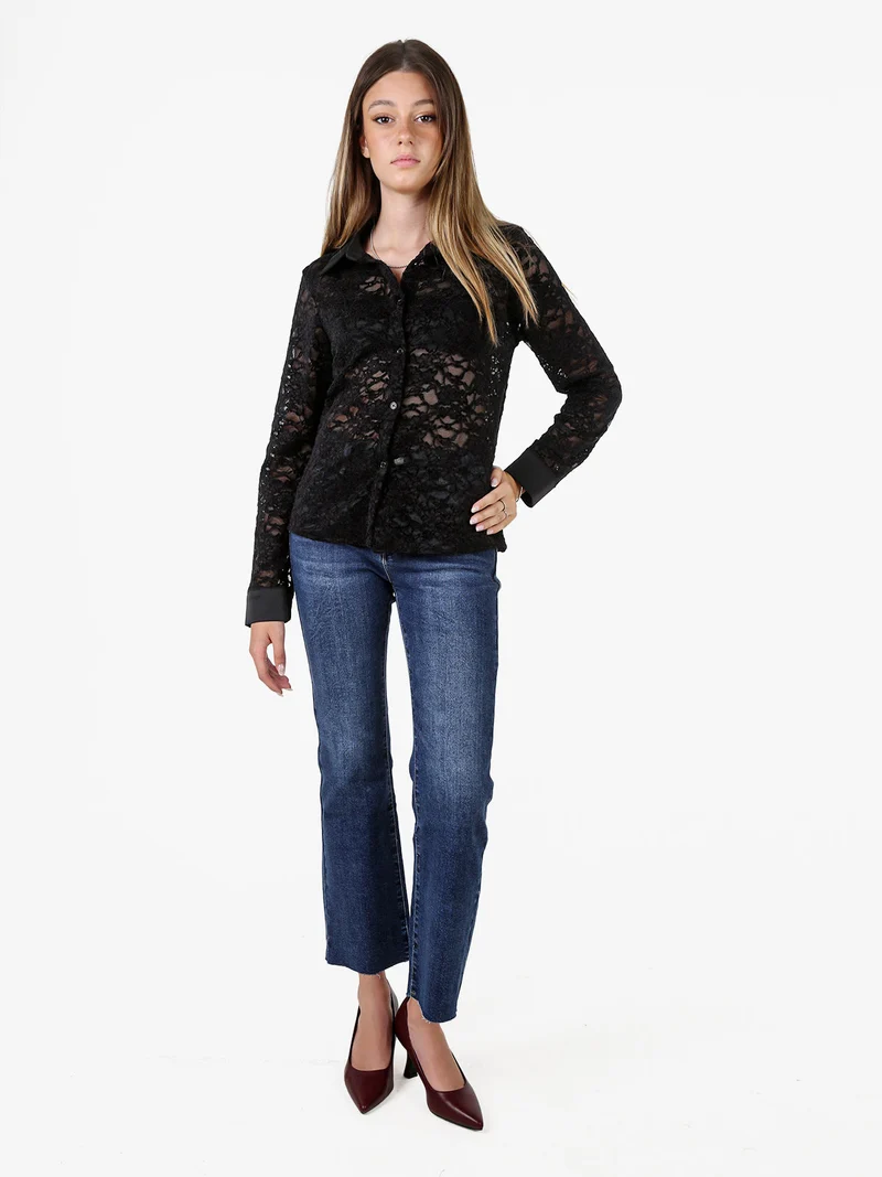 Camicia donna in pizzo con maniche lunghe e dettagli effetto raso - nero