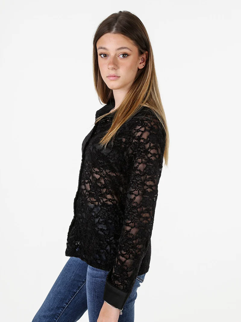 Camicia donna in pizzo con maniche lunghe e dettagli effetto raso - nero