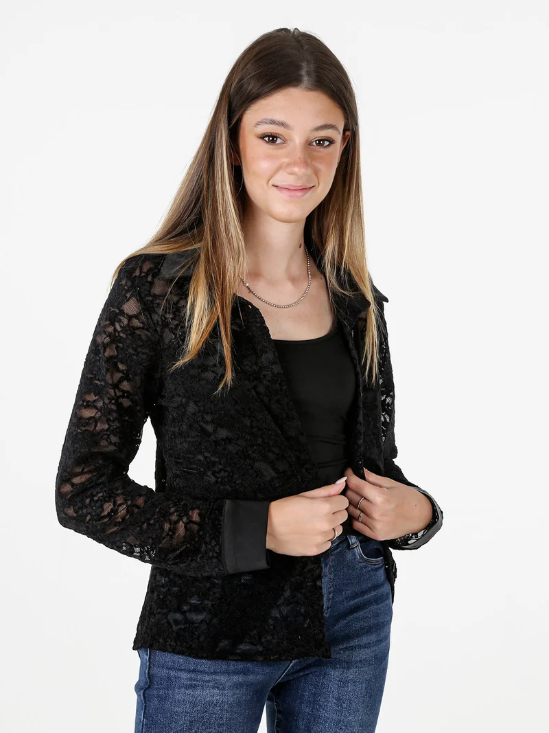 Camicia donna in pizzo con maniche lunghe e dettagli effetto raso - nero