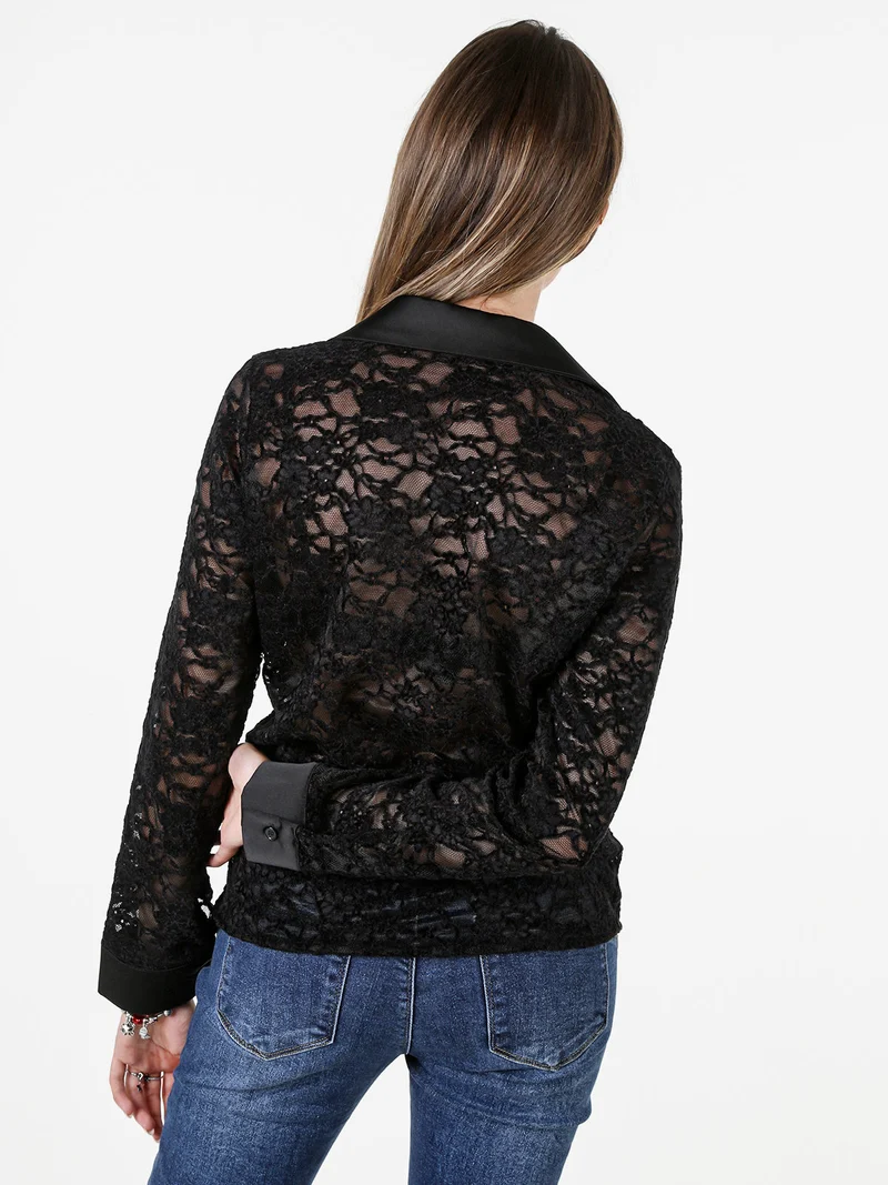 Camicia donna in pizzo con maniche lunghe e dettagli effetto raso - nero