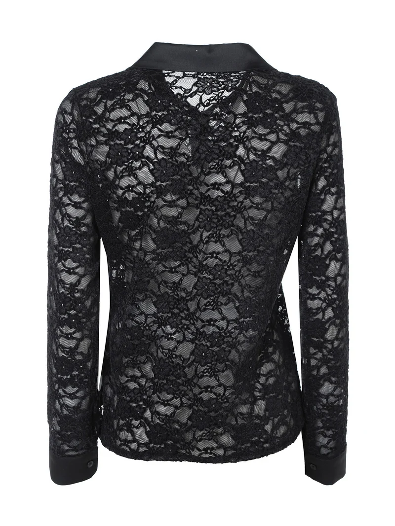 Camicia donna in pizzo con maniche lunghe e dettagli effetto raso - nero