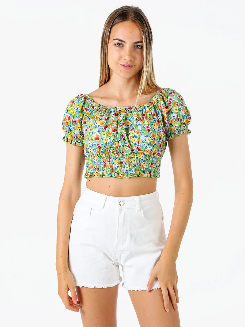 Top donna floreale a maniche corte con scollo elasticizzato - verde