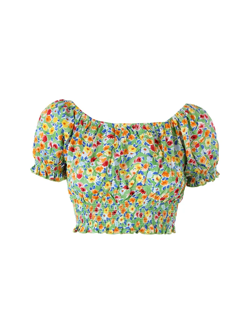 Top donna floreale a maniche corte con scollo elasticizzato - verde