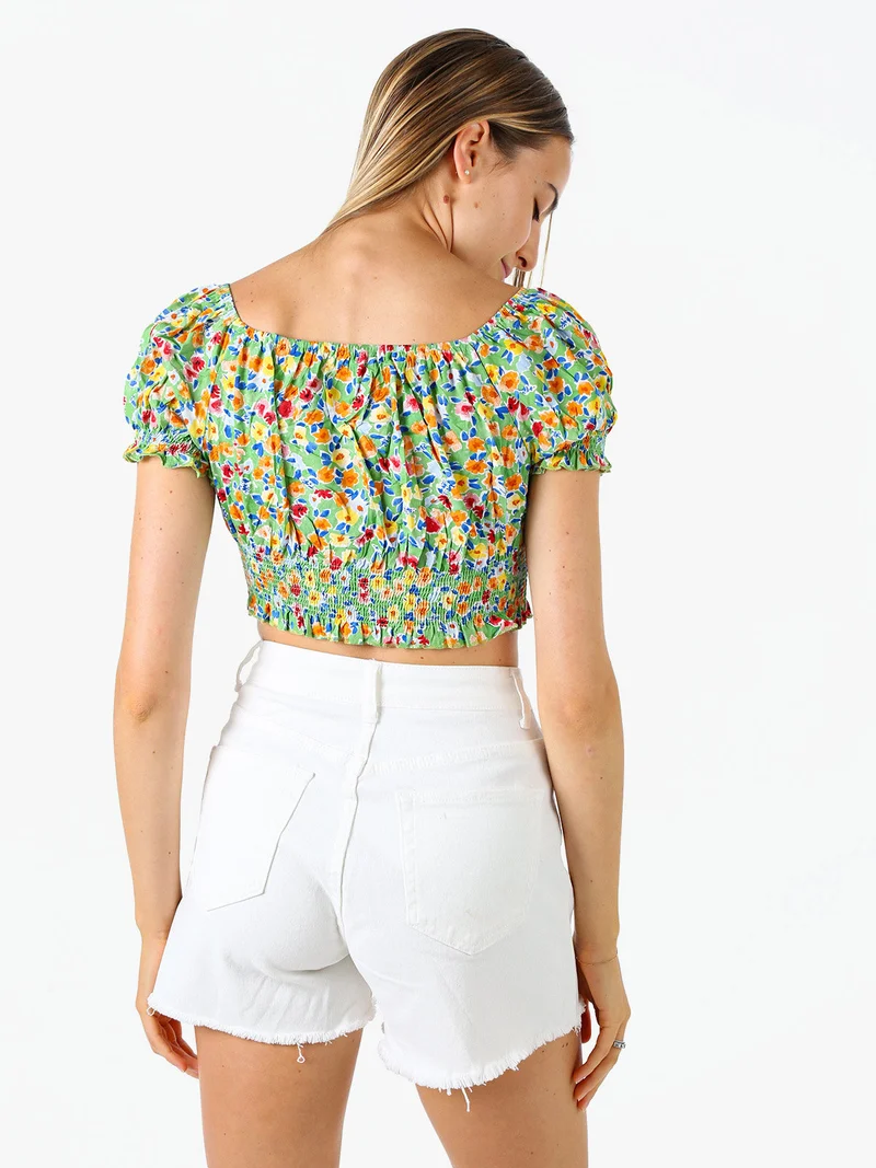 Top donna floreale a maniche corte con scollo elasticizzato - verde