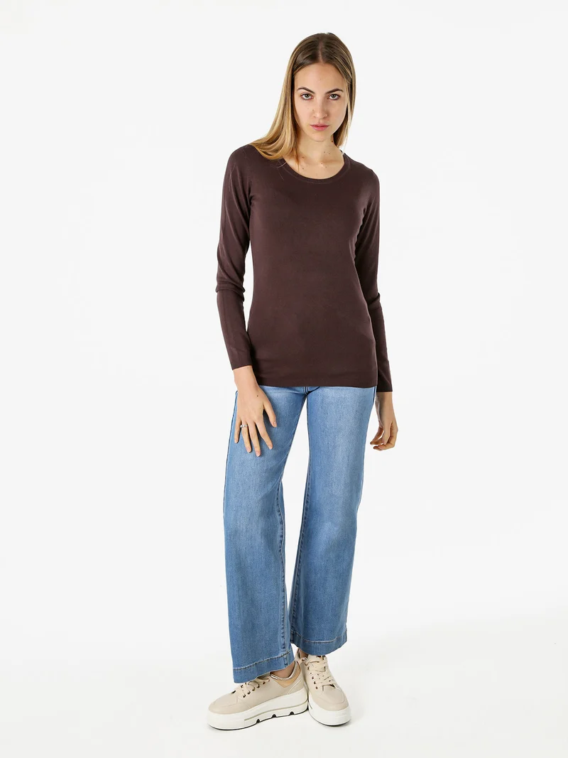 Pullover girocollo da donna in maglia - moro