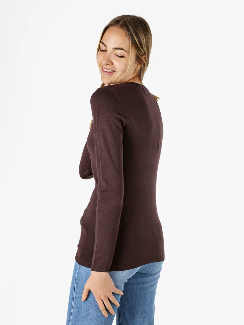 Pullover girocollo da donna in maglia - moro