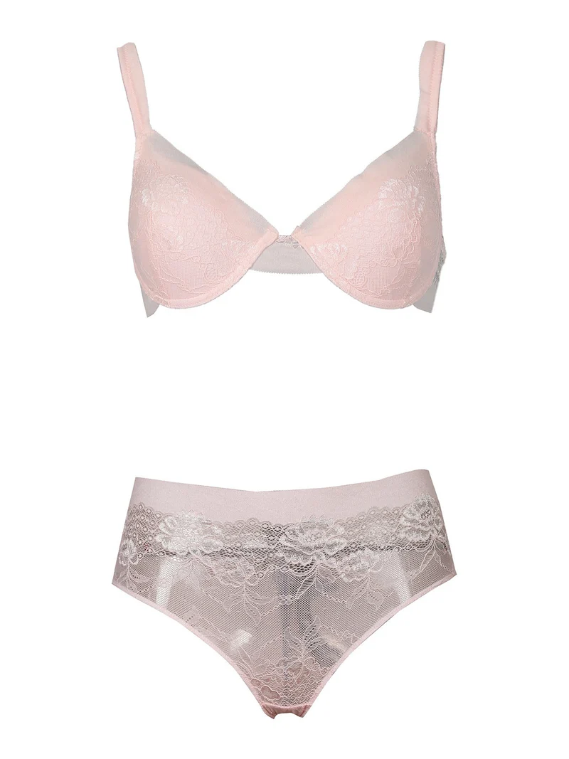 P0675C Bralette + panty in pizzo - rosa