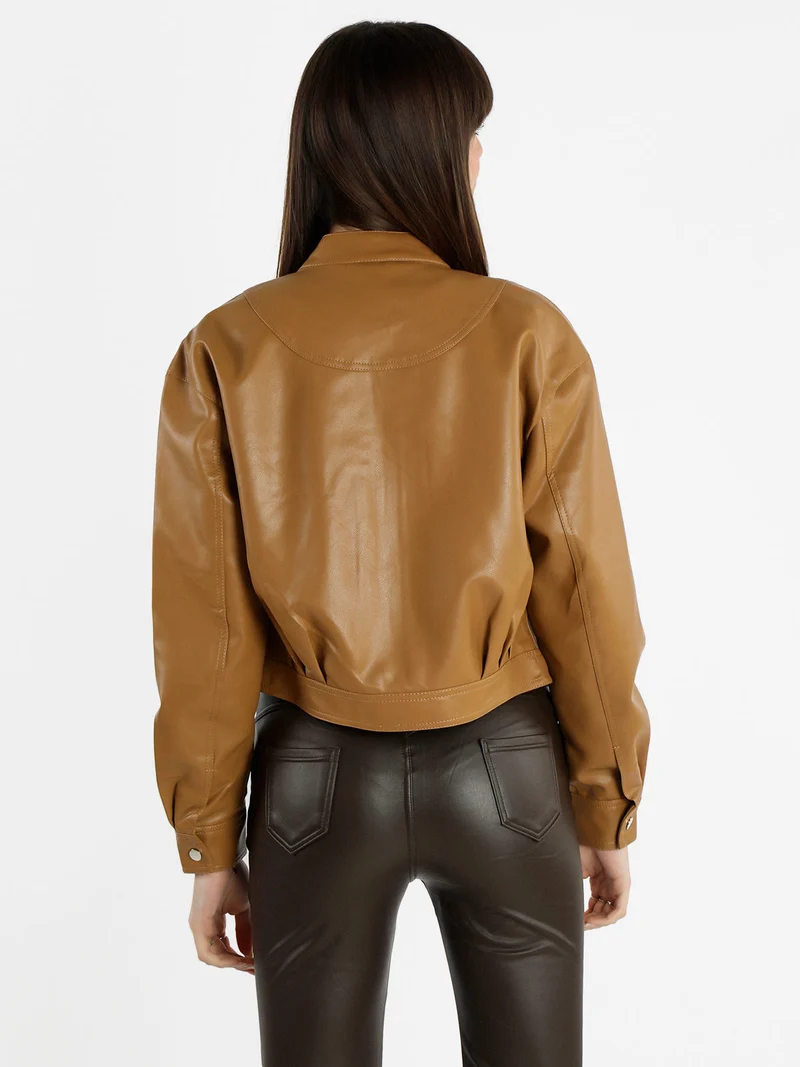 Giacca donna in ecopelle con bottoni - cammello