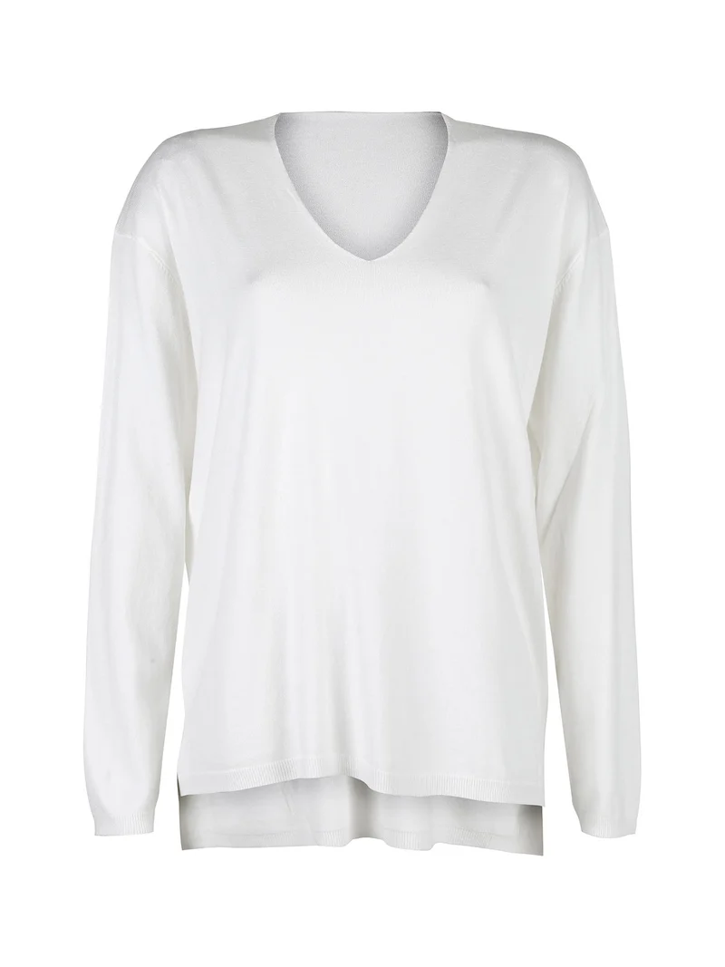 Pullover donna oversize in maglia scollo V - bianco