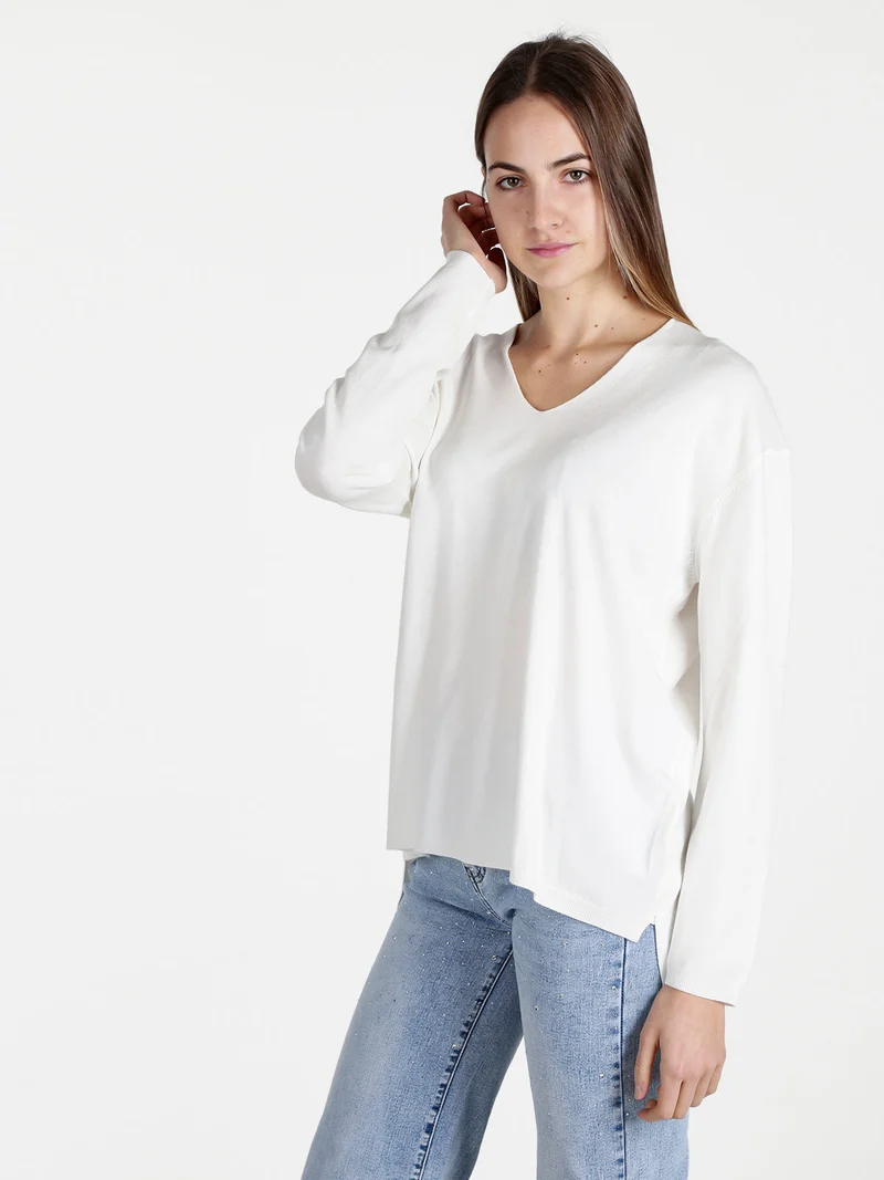 Pullover donna oversize in maglia scollo V - bianco
