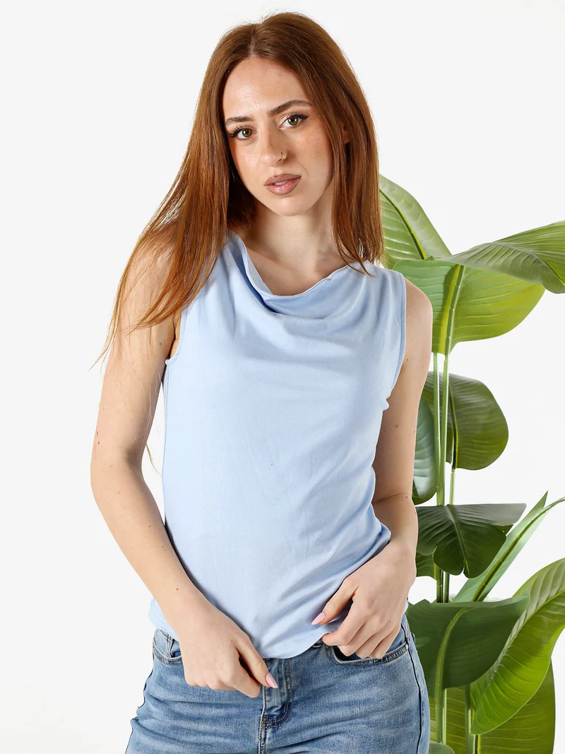 Top donna in viscosa con scollo a cascata - azzurro