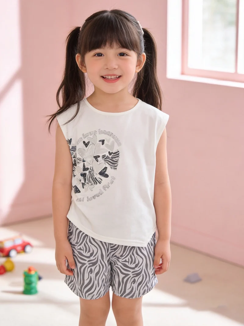 Completo corto da ragazza in cotone con top e shorts - bianco