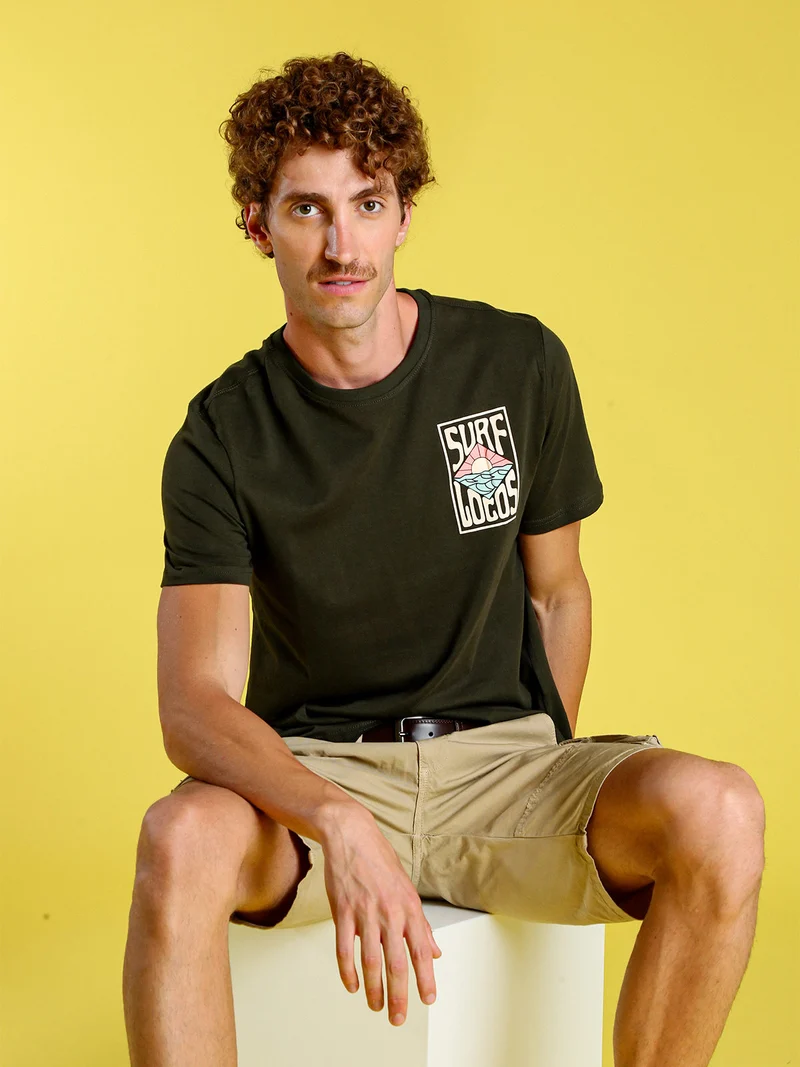 T-shirt da uomo in cotone con stampa davanti e dietro - militare