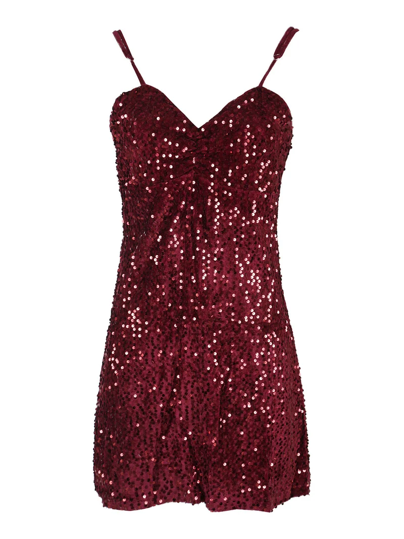 Vestito donna midi in ciniglia con paillettes e spalline sottili - rosso