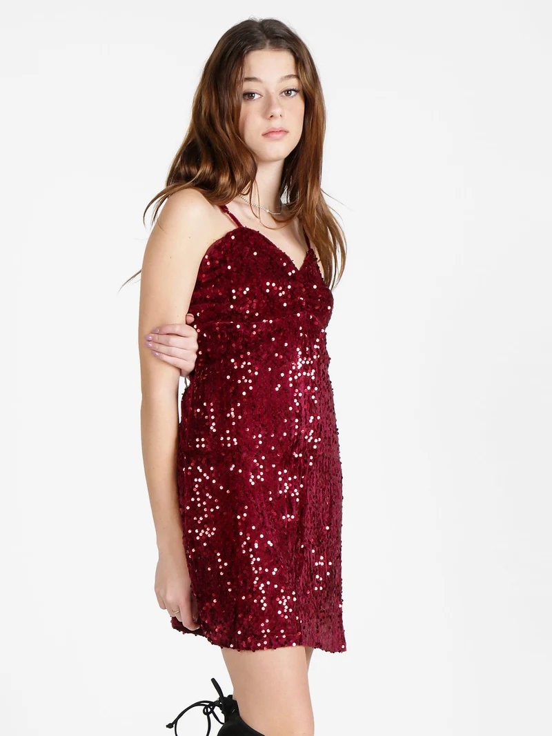 Vestito donna midi in ciniglia con paillettes e spalline sottili - rosso