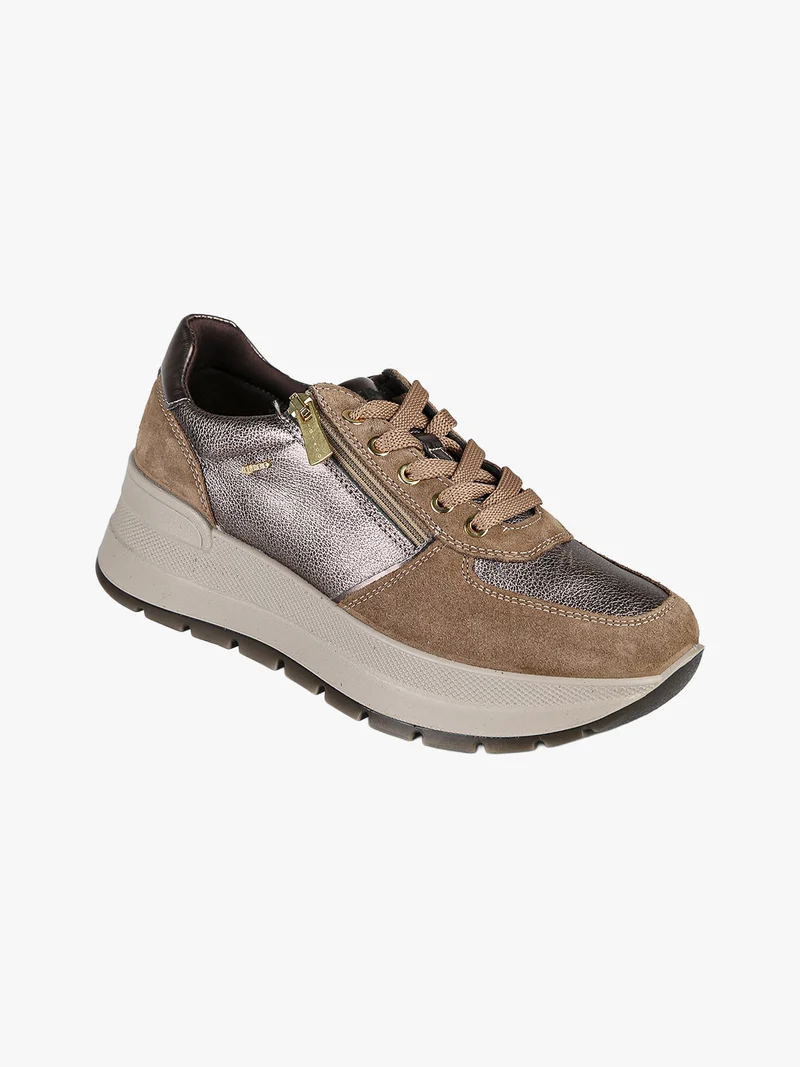 Sneakers donna in pelle con zeppa platform - fango