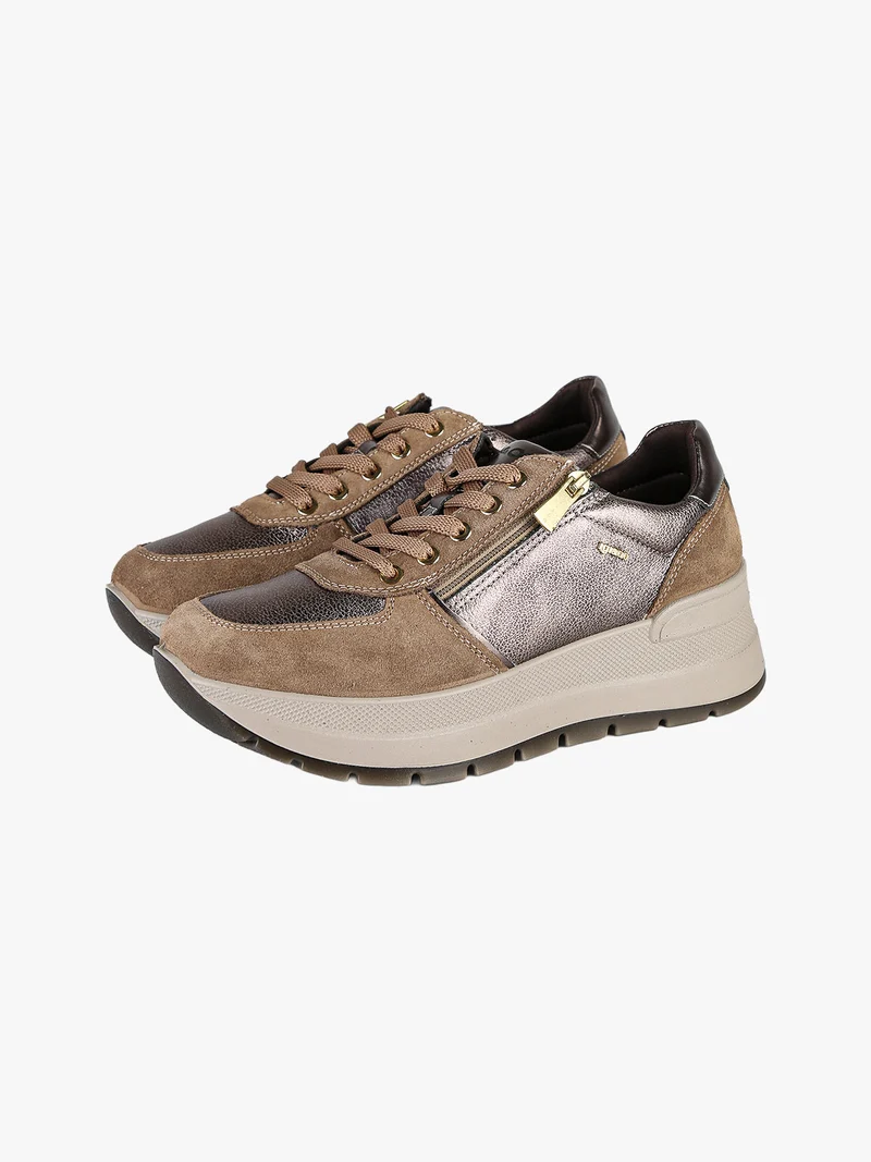 Sneakers donna in pelle con zeppa platform - fango
