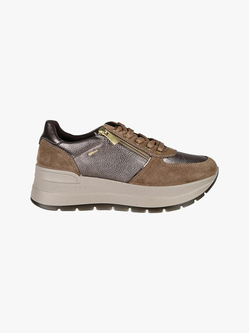 Sneakers donna in pelle con zeppa platform - fango