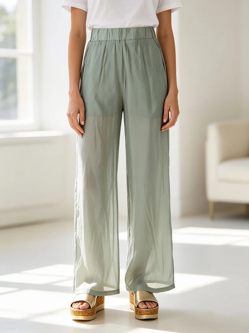 Pantaloni donna leggeri a gamba larga - pistacchio
