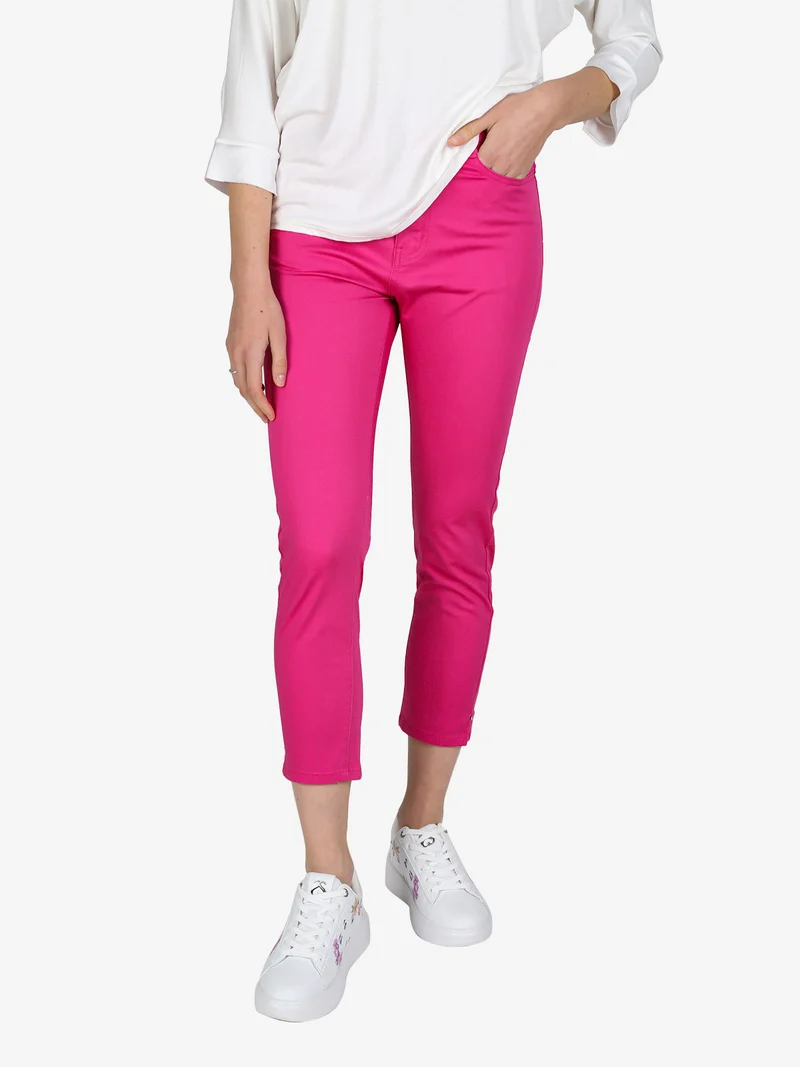 Pantaloni capri donna in cotone con piccolo spacco e strass sul finale - fucsia